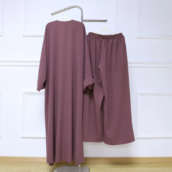 1 Islamic Fashion 2 Piece Modest Set Open Abaya Tunic with and Pants Set with Band