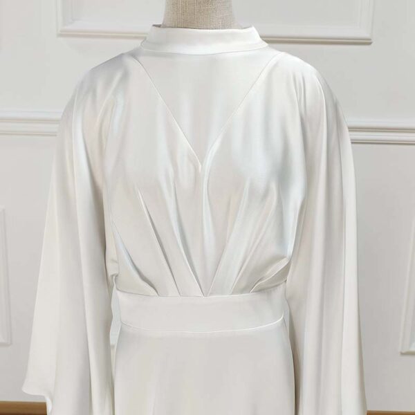 2 Satin Patchwork Spring Trumpet Sleeve Modest Maxi Dress