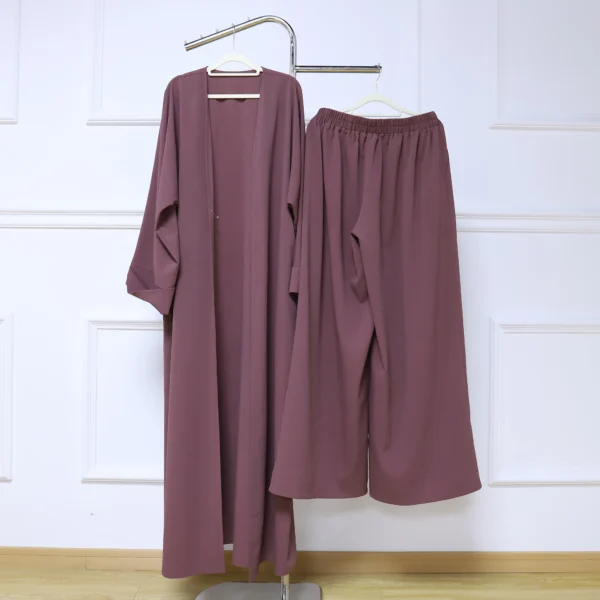 2 Islamic Fashion 2 Piece Modest Set Open Abaya Tunic with and Pants Set with Band