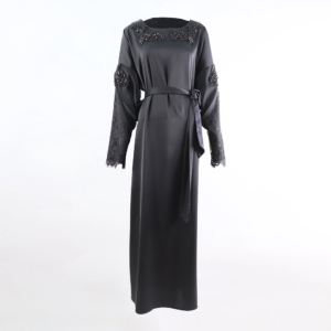Elegant Lace Edge Abaya with Inner Belt – Cinched Waist Modest Dress