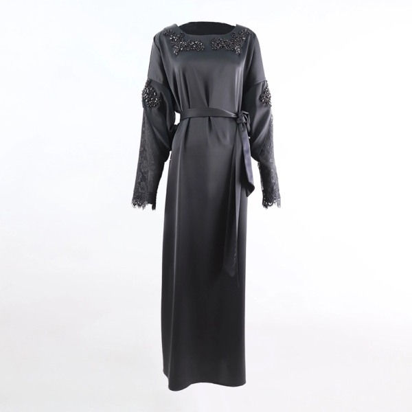 Elegant Lace Edge Abaya with Inner Belt – Cinched Waist Modest Dress