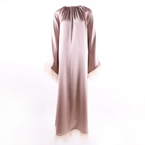 Satin Pink Abaya with Feather Hem – Modest Maxi Dress for Muslim Women