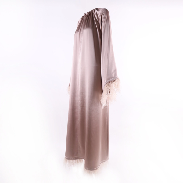 483a1185-ec06-4c05-8777-23f6aef31aed Satin Pink Abaya with Feather Hem – Modest Maxi Dress for Muslim Women