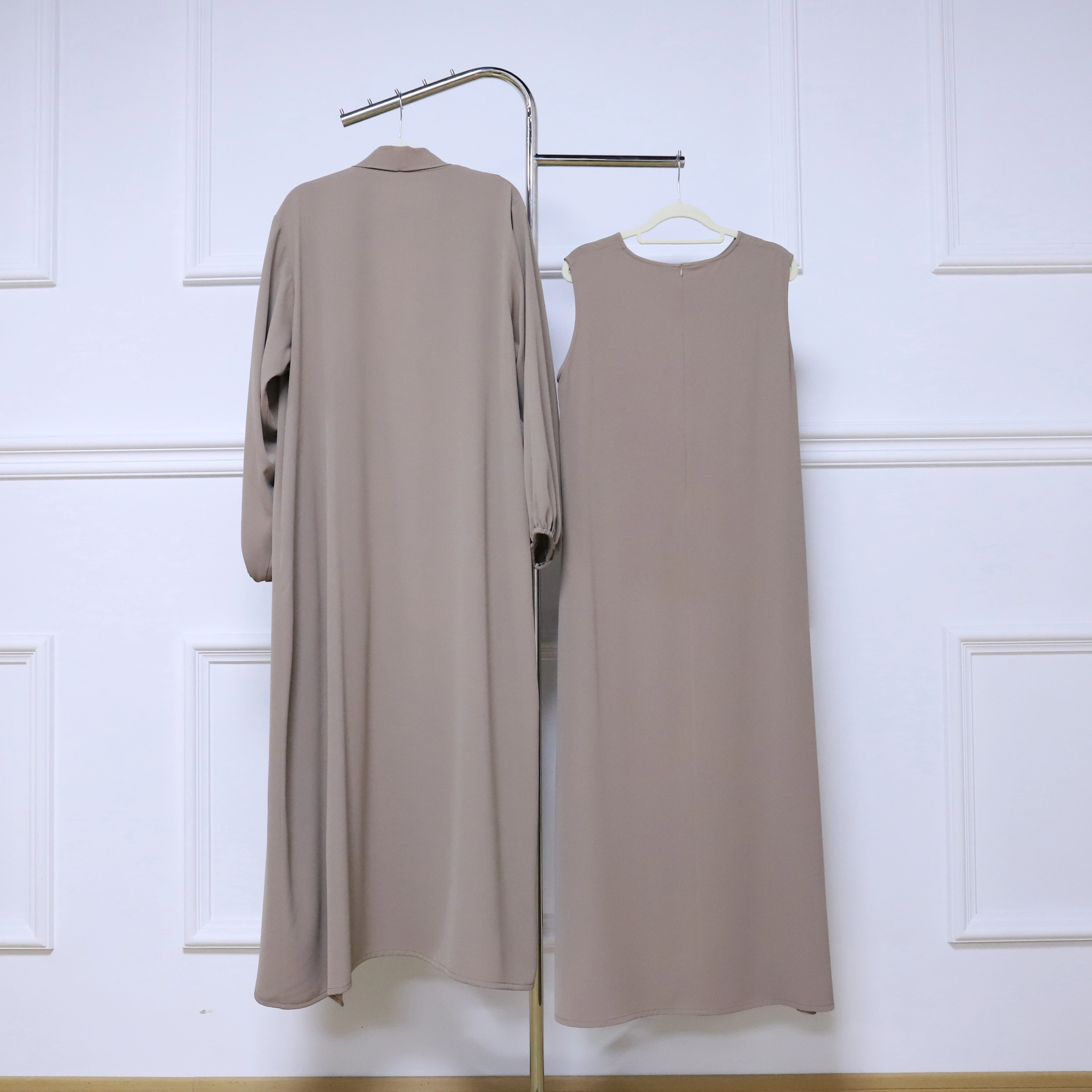 59b350d5-a397-44dc-9258-8298df0615fe High Quality Turkey Dubai Modest Muslim Open Abaya Women Kaftan Casual Two Pcs Set