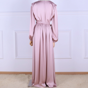 Dusty Pink Satin Modest Maxi Dress – Belted Waist & Cowl Neck Elegant Muslim Abaya