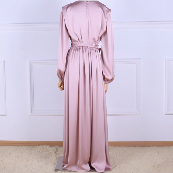 91.6 Dusty Pink Satin Modest Maxi Dress – Belted Waist & Cowl Neck Elegant Muslim Abaya