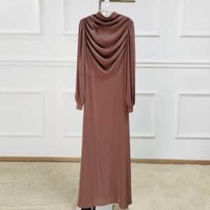 Mocha Brown Satin Modest Maxi Dress - Cowl Neck Long Sleeve Muslim Abaya