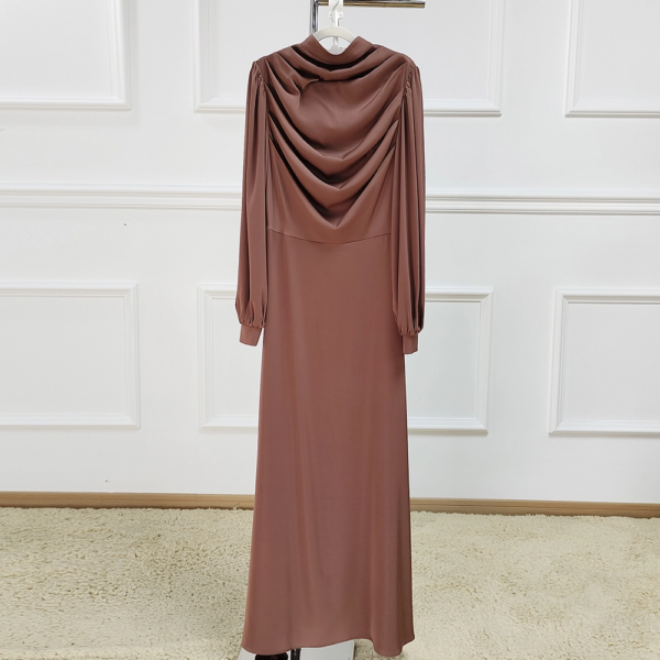 92.1 Mocha Brown Satin Modest Maxi Dress - Cowl Neck Long Sleeve Muslim Abaya