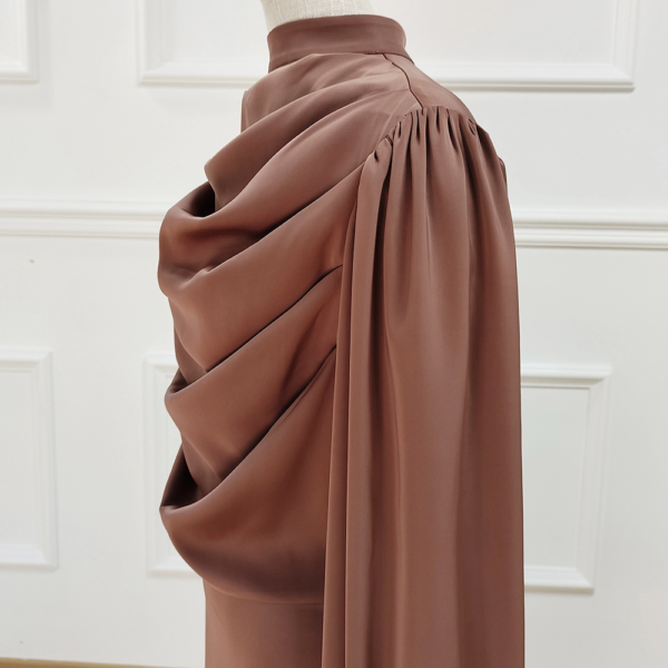 92.5 Mocha Brown Satin Modest Maxi Dress - Cowl Neck Long Sleeve Muslim Abaya