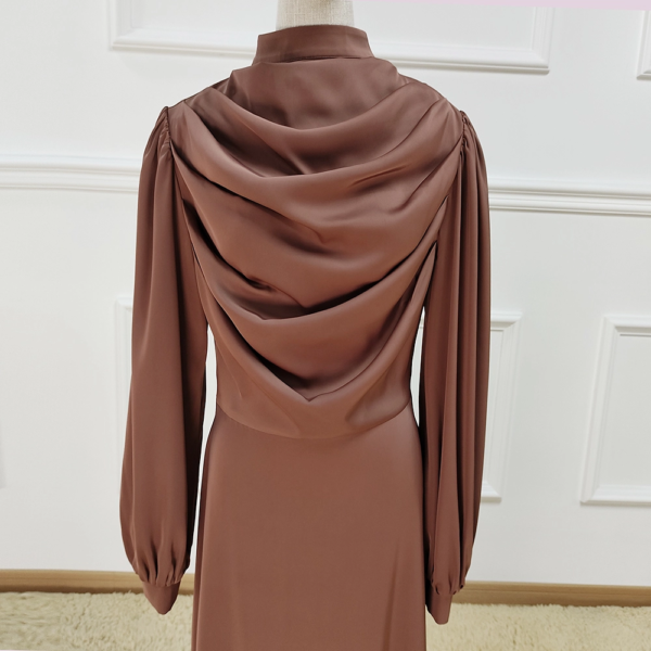 92.6 Mocha Brown Satin Modest Maxi Dress - Cowl Neck Long Sleeve Muslim Abaya