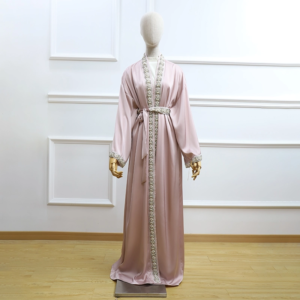 Dubai Elegent Modest Robe with Sequin Tassel Muslim Women Satin Abaya with Diamond